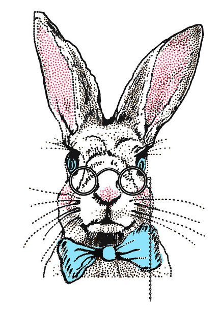 Coniglio in fiocco blu e bicchieri
 - Vettoriali, immagini