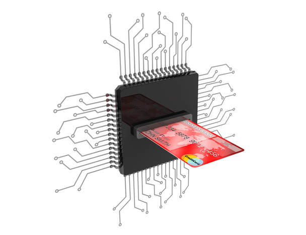 Conceito de Dinheiro Digital. Cartão de Crédito sobre Microchips com circuito
 - Foto, Imagem