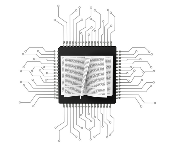digitales Buchkonzept. Buch über Mikrochips mit Schaltung - Foto, Bild