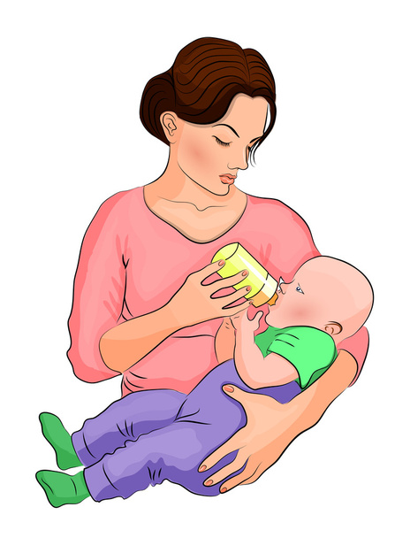 the mother and child. the milk in the  bottle. - Vector, Image