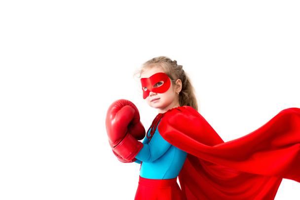Superhero kid wearing boxing gloves Isolated on white background.  - Fotoğraf, Görsel