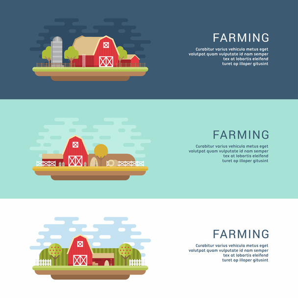 Set of Vector Flat Style Illustrations of Farm Landscape with Farmhouses and Fields. Web Banner Template - Wektor, obraz
