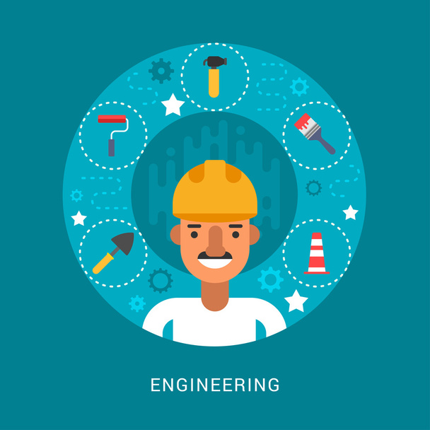 Building Icons and Objects in the Shape of Circle. Engineer Cartoon Character. Vector Illustration in Flat Design Style - Vektor, kép