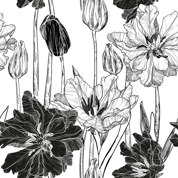 Vector seamless pattern with spring tulip flowers (black and whi - Διάνυσμα, εικόνα