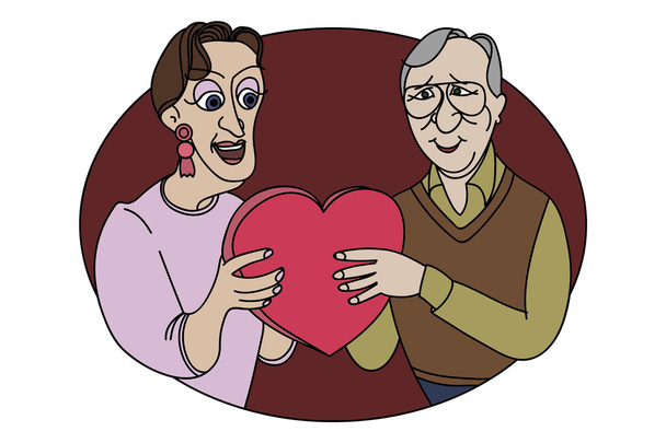 Elderly couple with Gift by day of Valentine - Vector, Image