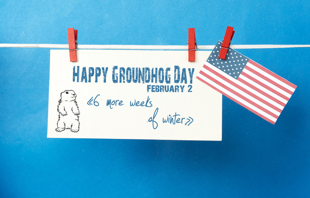 White envelope, cute face groundhog and text Happy Groundhog Day - Foto, afbeelding