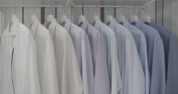 Camicie da uomo pulite e stirate con colori appesi alle grucce nel colore piatto dell'armadio
 - Filmati, video