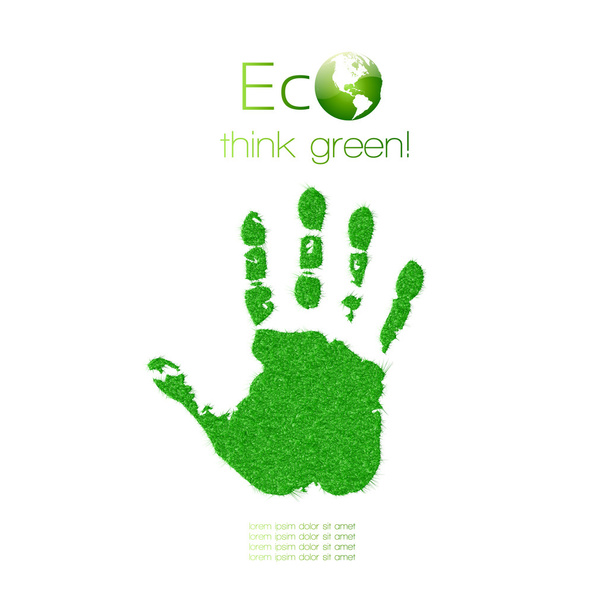 πράσινο handprint που γίνεται από το χορτάρι. Σκέψου πράσινο. έννοια της οικολογίας. - Διάνυσμα, εικόνα