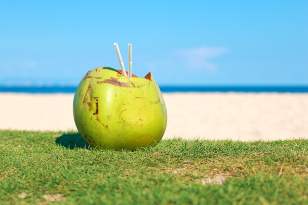 Coconut with straws on the beach - Foto, Imagen