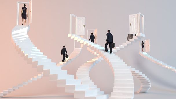 3D charakter idzie na schodach do osiągnięcia celu - Zdjęcie, obraz