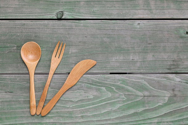 Wooden spoon and fork, knife - Fotoğraf, Görsel
