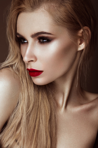 Beautiful sexy blonde girl with sensual lips, fashion hair. Beauty face. - Photo, Image