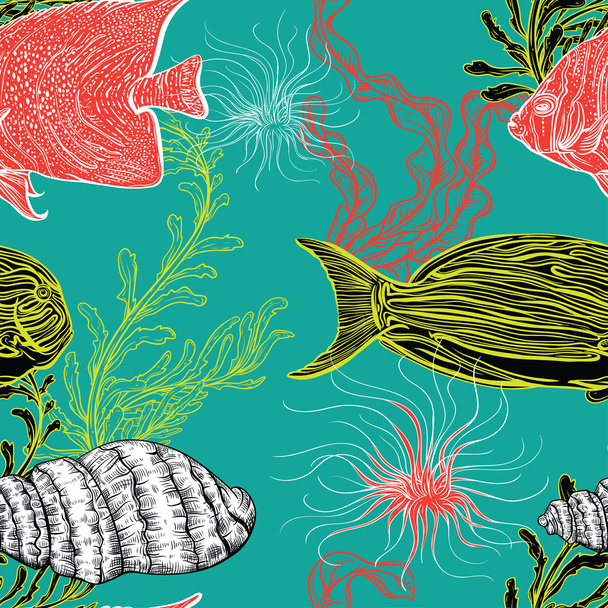 Seamless pattern with collection of sea shell, marine plants, seaweed and tropical fish. Vintage set of hand drawn marine flora. Vector illustration. Design for summer beach, decorations. - Vector, Image