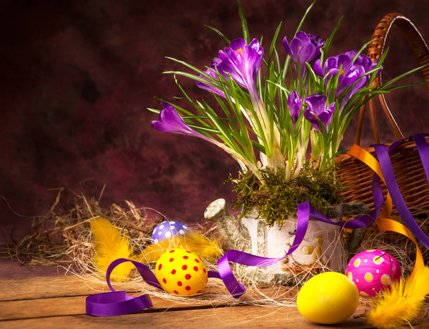 Art Easter background with crocuses and Easter eggs - Photo, Image