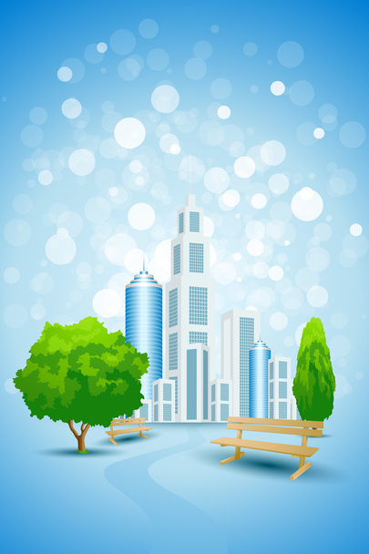 Blue Background with City Landscape Tree and Bench - Vector, imagen