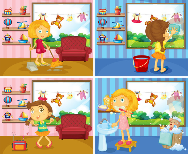 Girl doing chores in the house - Vector, Image