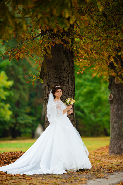 Gorgeous stylish blonde bride in vintage white dress walking in the park - Photo, image