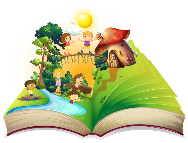 Книга о детях, играющих в парке
 - Вектор,изображение