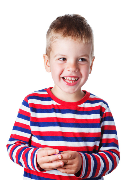 3-4 years cheerful handsome boy in a striped shirt laughing isol - Foto, imagen