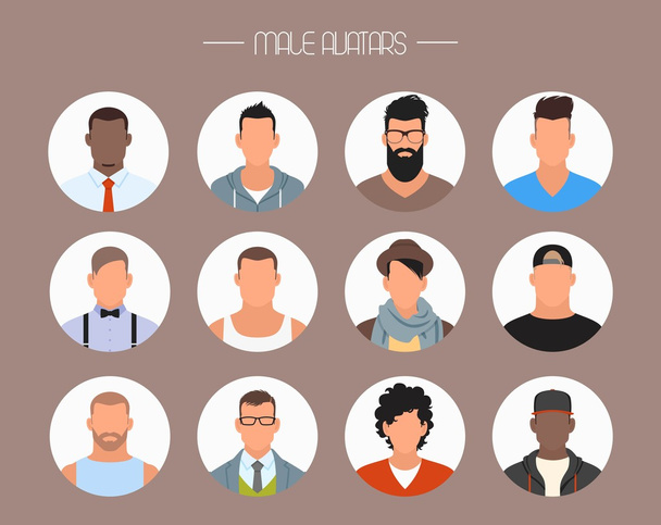 Male avatar icons vector set. People characters in flat style. Faces with different styles and nationalities. - Vector, Image