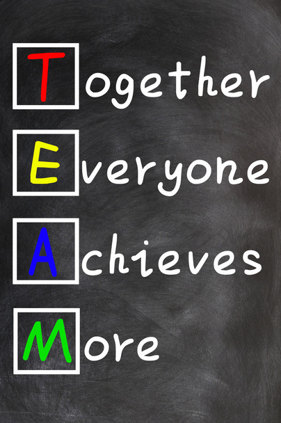 Acronimo TEAM (Together Everyone Achieves More), concetto di motivazione al lavoro di squadra della calligrafia in gesso su lavagna
 - Foto, immagini
