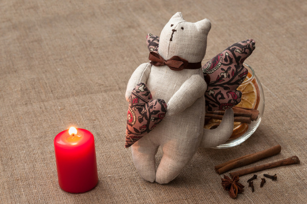 Composition: cat toy, bowl with spices and lit candle - Photo, Image