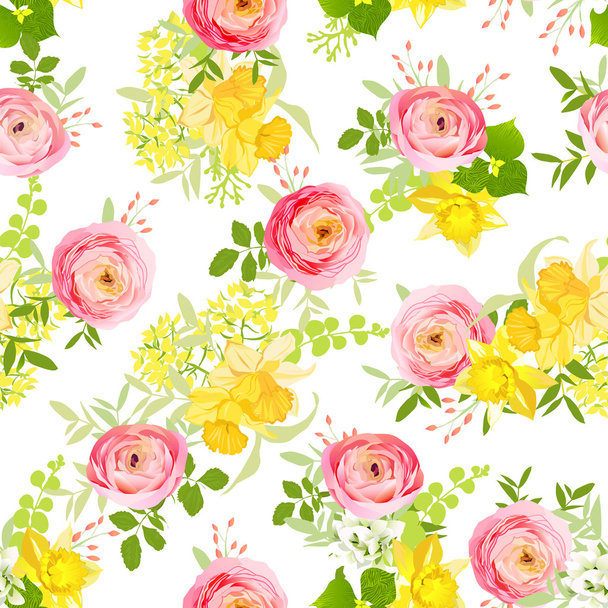 Bouquets d'été de rose, ranunculus, narcisse, pivoine sans couture v
 - Vecteur, image