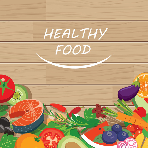 healthy food frame on wood table - Vector, Image