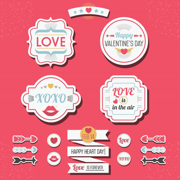 Carino amore e San Valentino retro adesivi ed etichette impostate su sfondo rosso
 - Vettoriali, immagini