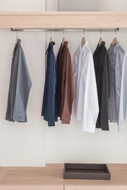 shirts hanging on rail in modern wooden wardrobe - Fotó, kép