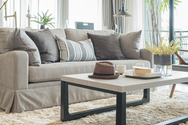 sofá gris y almohadas con sombrero sobre mesa de madera
 - Foto, imagen