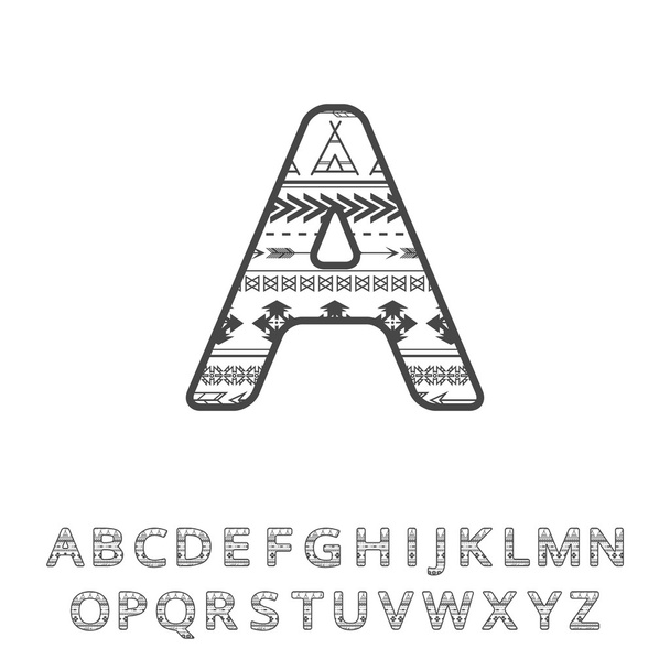 Aztec ethnic ornamental font. Vector english black and white color alphabet - Vecteur, image