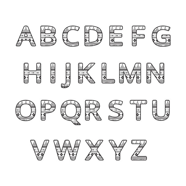 Aztec ethnic ornamental font.english black and white color  alphabet - Вектор, зображення