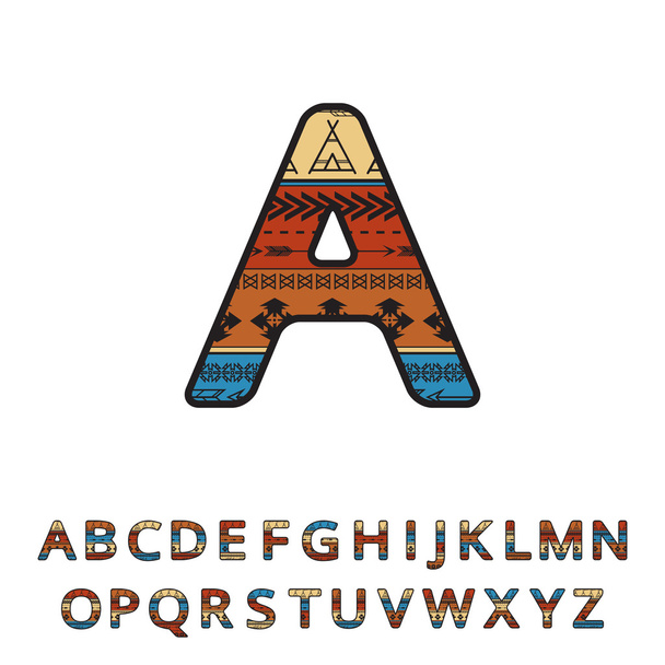 Aztec ethnic hand drawn ornamental font. Vector english colorful alphabet - Vektor, Bild