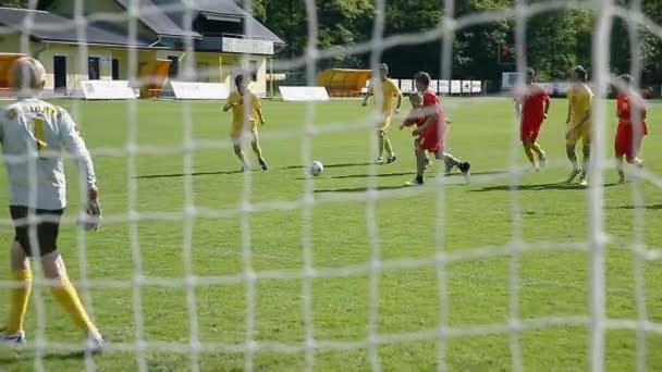 Jugendliche spielen Fußball auf der grünen Wiese - Filmmaterial, Video