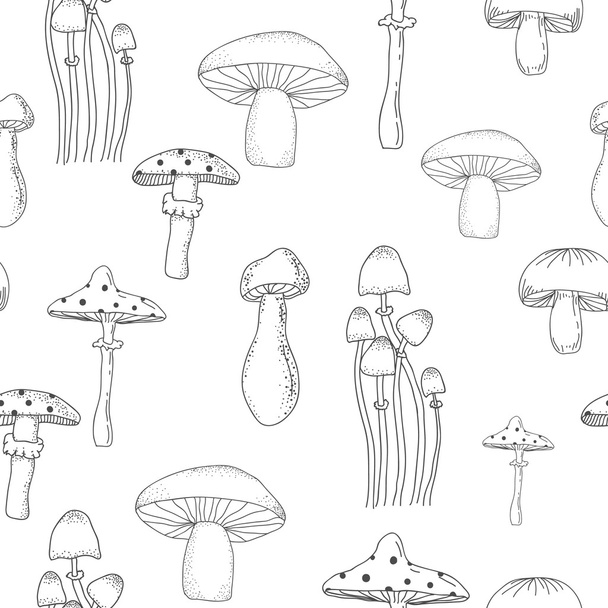 Black and white color seamless pattern background with different mushrooms - Vektor, obrázek