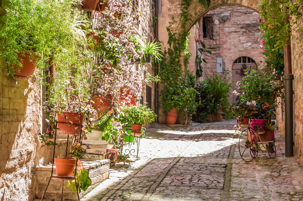 Wonderful decorated porch in small town in Italy in summer, Umbria - Foto, Bild
