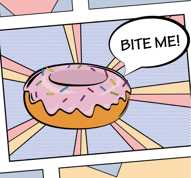 Pop art style sweet yummy delicious donut illustration with icing, cream and sprinkles. For poster, web, print. - Vector, Image