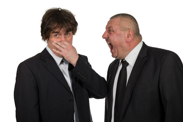 Deux hommes d'affaires découvrent des attitudes émotionnelles isolées sur fond blanc
 - Photo, image