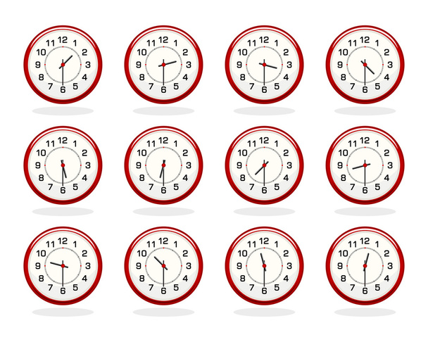 Set of red clocks for business hours. Half past hours version - Vector, Image