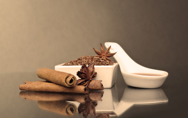 Star anise, cinnamon and flax - Фото, изображение