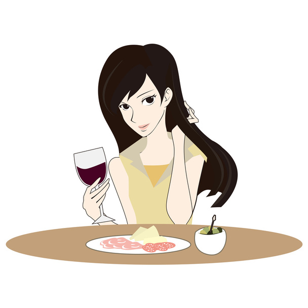 Ілюстрація красивої жінки п'є червоне вино і має сир, оливки і салямі
 - Вектор, зображення