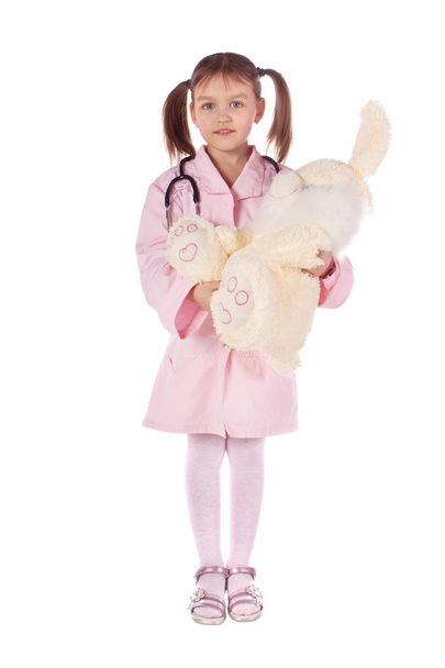 Girl, a doctor, the child, rabbit toy - Φωτογραφία, εικόνα