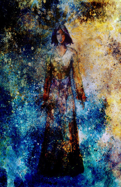 painting woman  on structure grunge background. copy space. - Foto, afbeelding