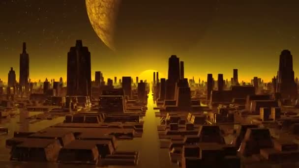 Ciudad alienígena, puesta de sol y una luna enorme
 - Metraje, vídeo