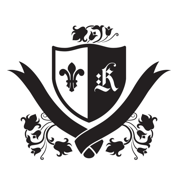 Escudo de armas - escudo con flor de lis, letra K y flores en
 - Vector, imagen