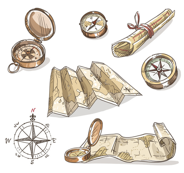 Ręcznie rysowane kompasy i mapy - Wektor, obraz