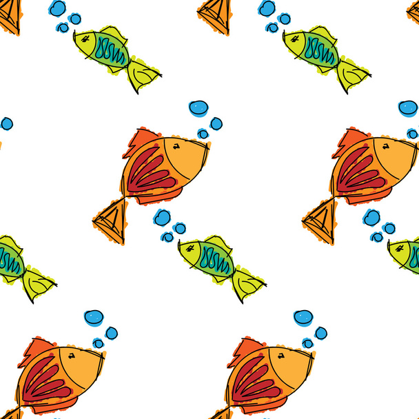 Fish contour hand drawn painted on a white background, seamless pattern - ベクター画像