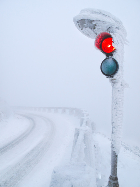 Kapanış karlı yol sonra kırmızı trafik ışığı - Fotoğraf, Görsel
