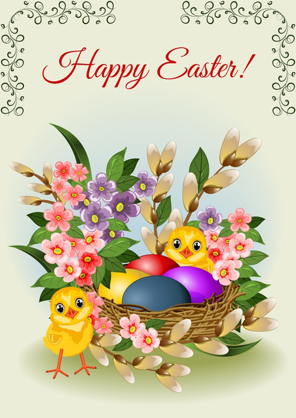Easter background with eggs, flowers and chickens - Foto, afbeelding